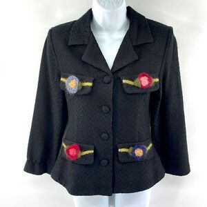 Monkey Wear vintage VTG tweed blazer suit coat jacket crochet flower black